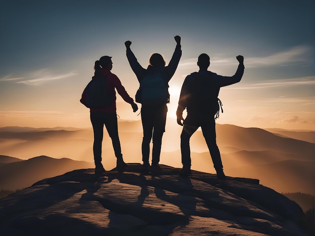 The silhouette of people on the mountain peak is a powerful image of overcoming