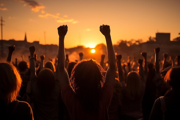 Silhouette of people raising their hands high above their heads Concept of protest human rights