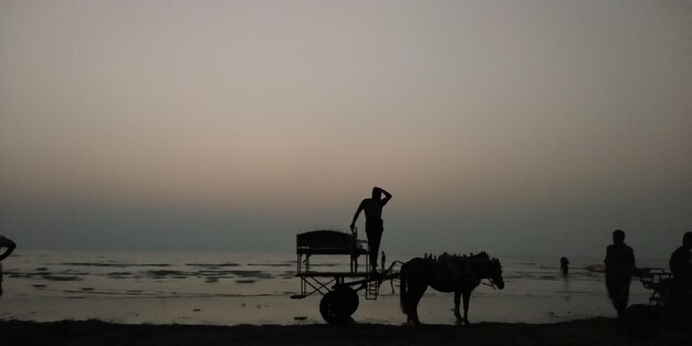 Photo silhouette people riding on beach against sky during sunset