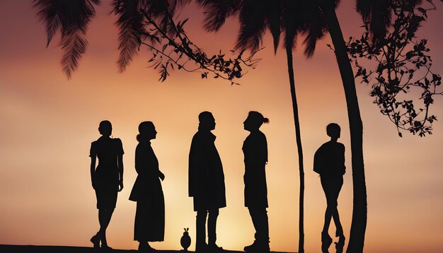 Photo a silhouette of people standing in front of a sunset with a red sky behind them