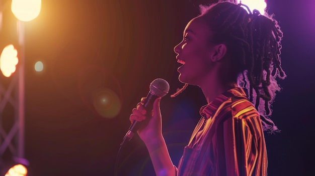 Silhouette of a performer singing on stage bathed in purple and orange lights