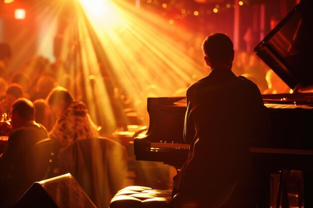 Silhouette of a performer with a crowd under blue and pink stage lights