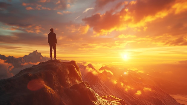 崖のに立っている人のシルエットとその下にある劇的な日没と雲の景色