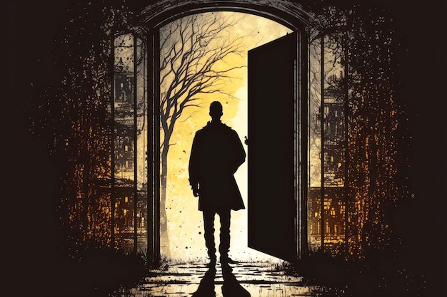 Silhouette of person in doorway in yellow black tones