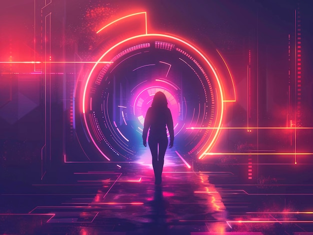 Foto una silhouette di una persona di fronte a un vivace portale futuristico illuminato da neon su uno sfondo stellato scuro concetto di fantascienza ai generativa