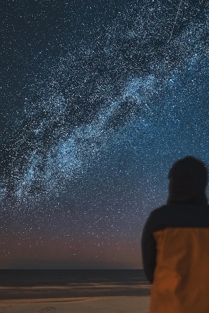 A silhouette of a person in front of a universe constellation
concept of outdoors night skies and milky way observation