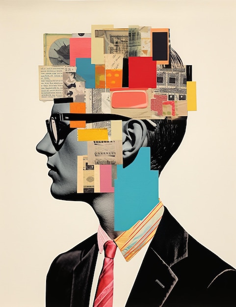 Силуэт человека в очках и костюме с головой, сделанной из абстрактных геометрических форм и газетных вырезок