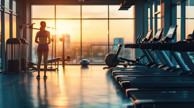 Silhouette of a person in a gym during a sunset workout