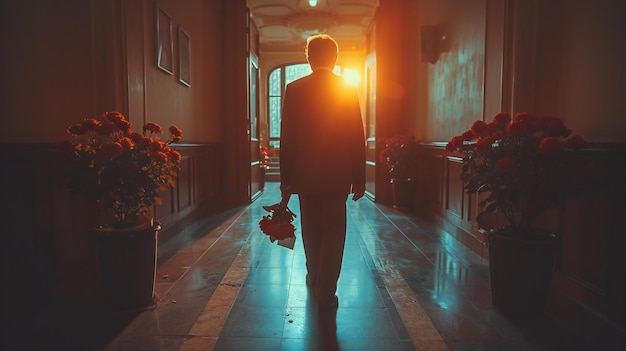 Photo silhouette of a person holding flowers walking in a beautifully lit corridor