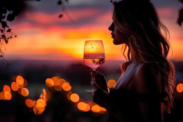 Силуэт человека, держащего стакан вина на фоне заката
