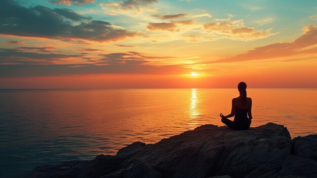 Foto silhouette di una persona che medita in postura di loto su una scogliera con vista sul mare al tramonto