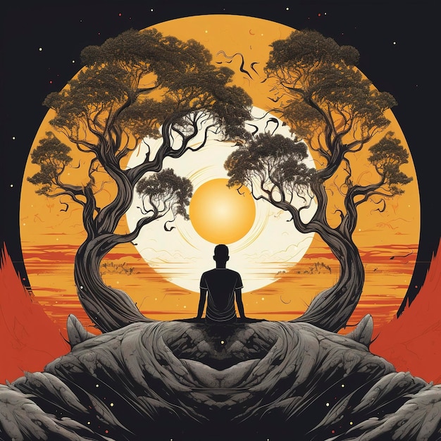 Foto una silhouette di una persona che medita sotto un albero