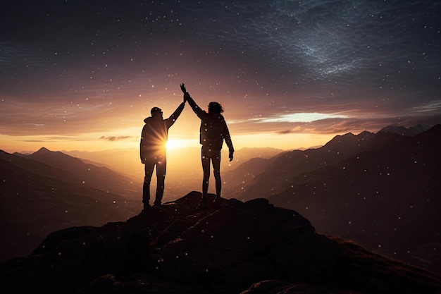 silhouette of a person on a mountain holding another person's hand