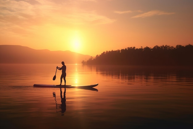 Silhouette of a person paddleboarding at sunrise or sunset summer