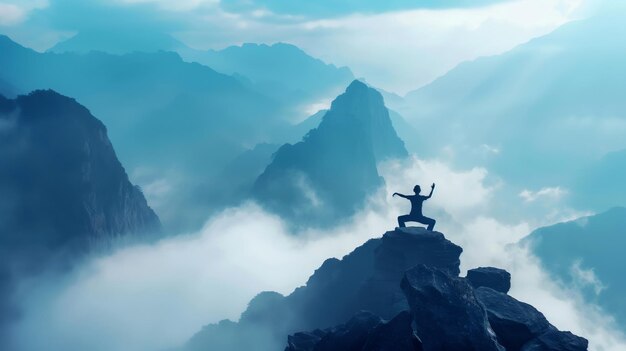 silhouette of a person practicing yoga on a mountain peak above clouds during sunrise