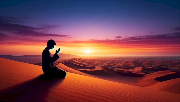 Photo silhouette of a person praying in the middle of the desert