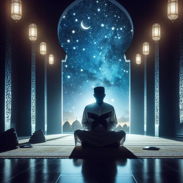 Photo a silhouette of a person reciting quran in mosque on ramadan night full of star