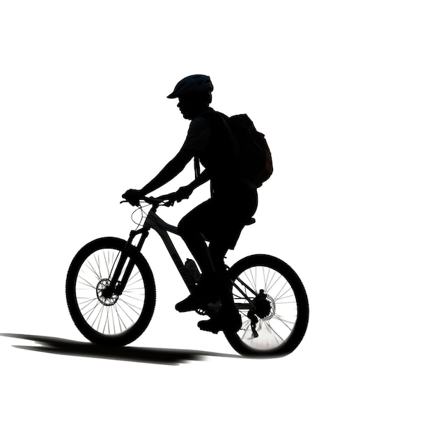 A silhouette of a person riding a bike with a backpack on it.