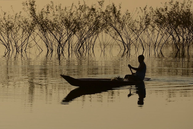 Photo silhouette person rowing boat on calm lake during sunset