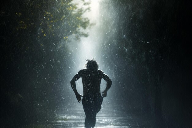 Photo silhouette of a person running through the rain