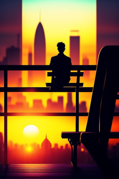 Silhouette of a person sitting on a park bench overlooking a city skyline at sunset