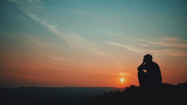 Silhouette person sitting on rocks against cloudy sky at sunset