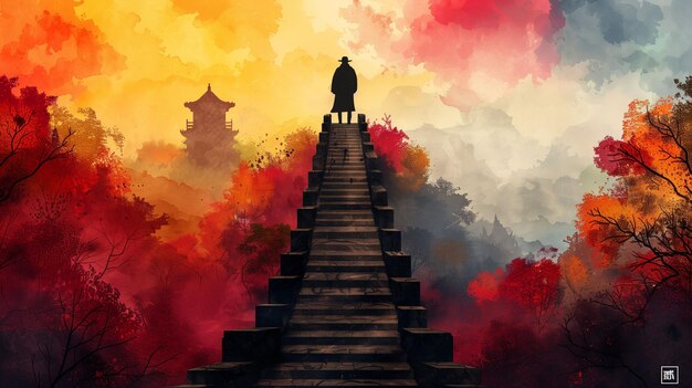 Silhouette of a person standing atop stairs with a vibrant sunset sky and traditional Asian pagoda