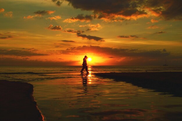 Foto silhouette di una persona in piedi sulla spiaggia durante il tramonto