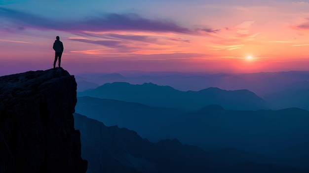 Силуэт человека, стоящего на скале при заходе солнца Спокойная природа с ярким небом и многослойными горами Вдохновляющая пейзажная фотография ИИ