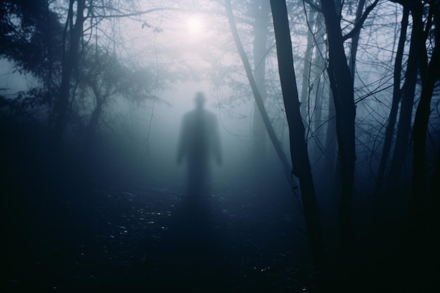 a silhouette of a person standing in the dark in a foggy forest