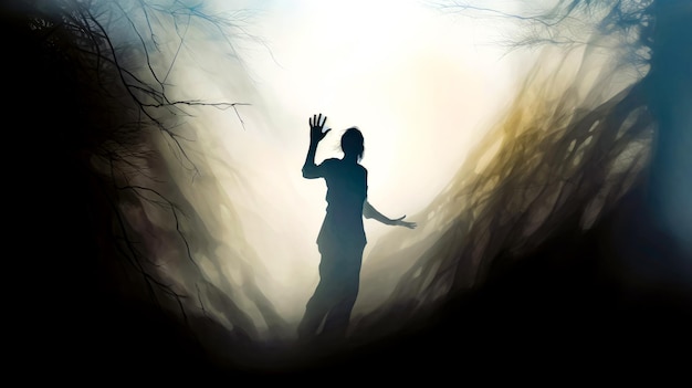 Photo silhouette of person standing in foggy forest with their arms outstretched
