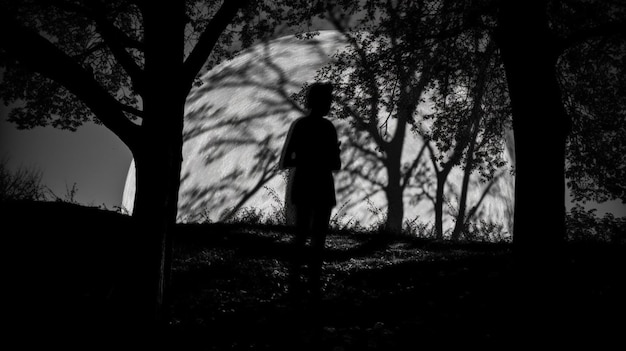 A silhouette of a person standing in front of a full moon.