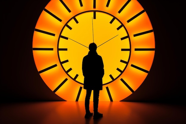 a silhouette of a person standing in front of a large clock