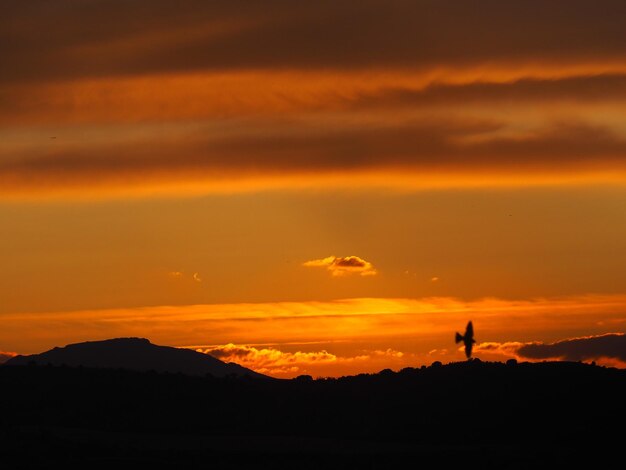 Silhouette person standing on mountain against orange sky