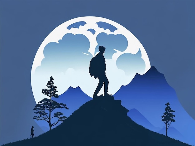 Photo silhouette of a person standing on a mountain embracing the summit