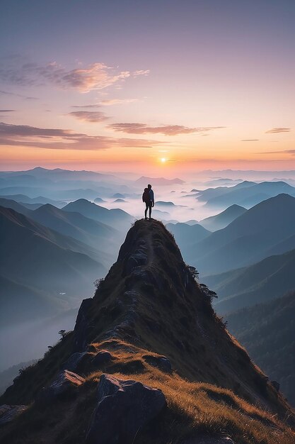 ハイキング後に日の出時に山の上に立っている人のシルエット
