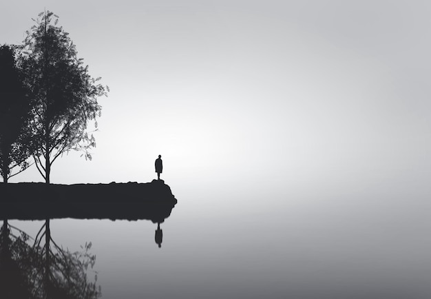 写真 明るい空の前で静かな湖の岩の上に立っているシルエットの人