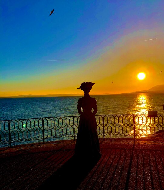 Silhouette person standing on railing against sea during sunset