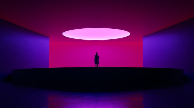 a silhouette of a person standing in a room with a pink and purple light