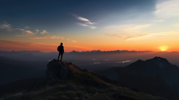Силуэт человека, стоящего на вершине холма под красивым красочным небом утром Генеративный AI AIG21
