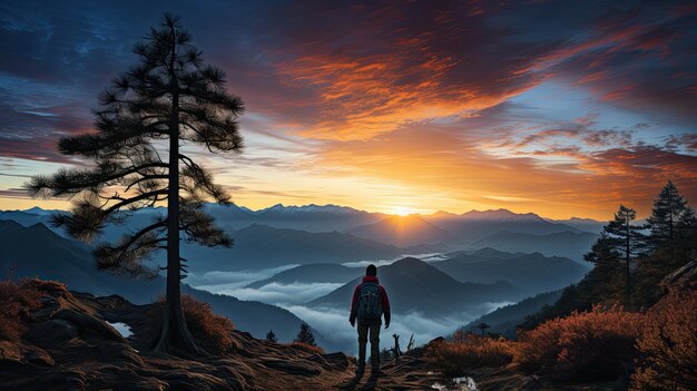 Silhouette of a person standing on the top of a hill under the beautiful colorful sky in the morning