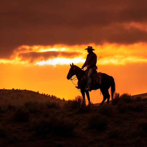 Photo silhouette of a person in the sunset silhouette of a cowboy during a glorious sunset ai generative