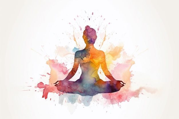 Silhouette of person in a tranquil yoga posture in watercolor style Created with Generative AI