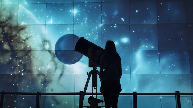 별빛 하늘 의 투영 아래 망원경 을 사용 하는 사람 의 실루