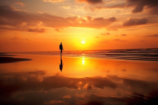 Silhouette of a person walking along the beach at sunrise