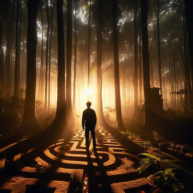 silhouette of a person walking in the forest