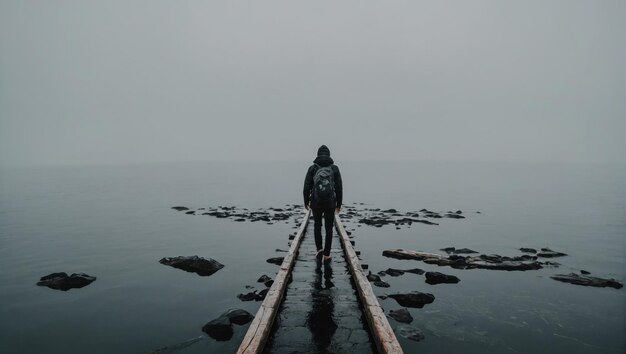 Foto silhouette di una persona che cammina sotto la pioggia e il tempo nebbioso