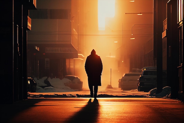 Silhouette of a person walking in the sunset on the city street AI Generate