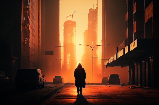 Silhouette of a person walking in the sunset on the city street AI Generate