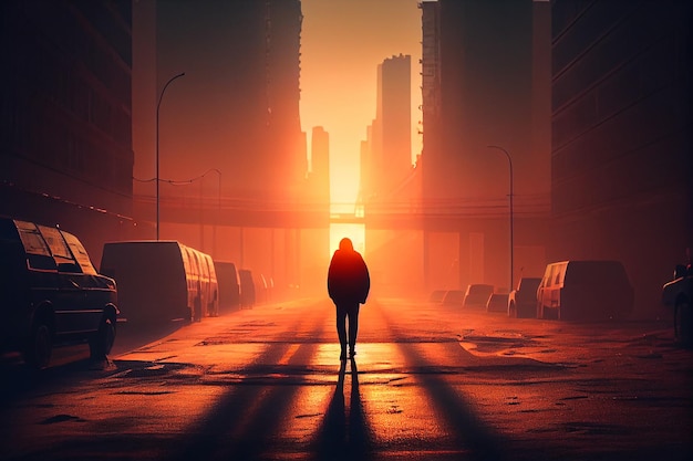 Silhouette of a person walking in the sunset on the city street AI Generate